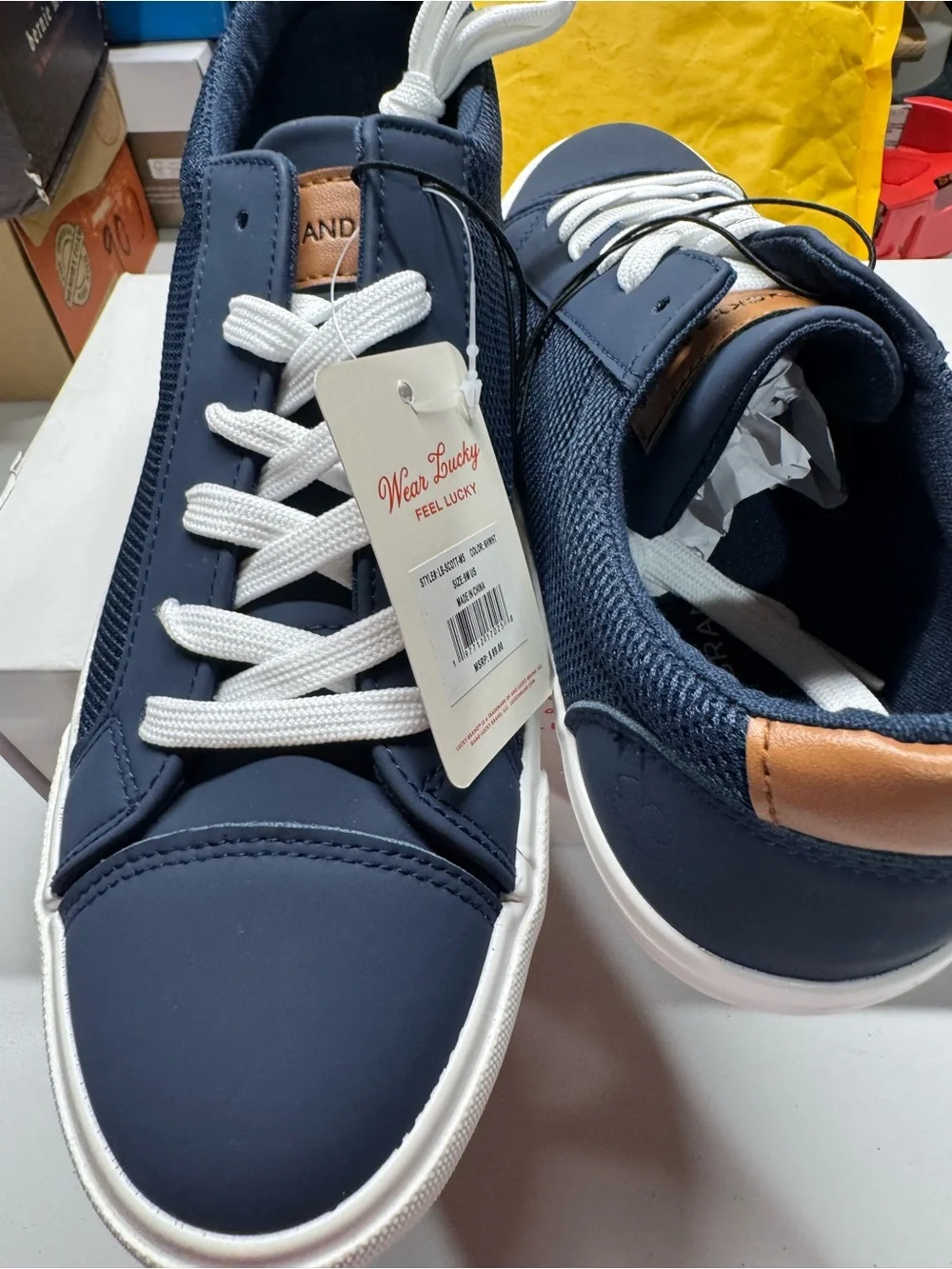 Men’s Lucky Brand Navy and White Low-Top Sneakers with Leather Tongue Tab